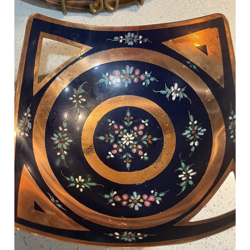 Vintage Artisan Enamel Copper Bowl Green Yellow